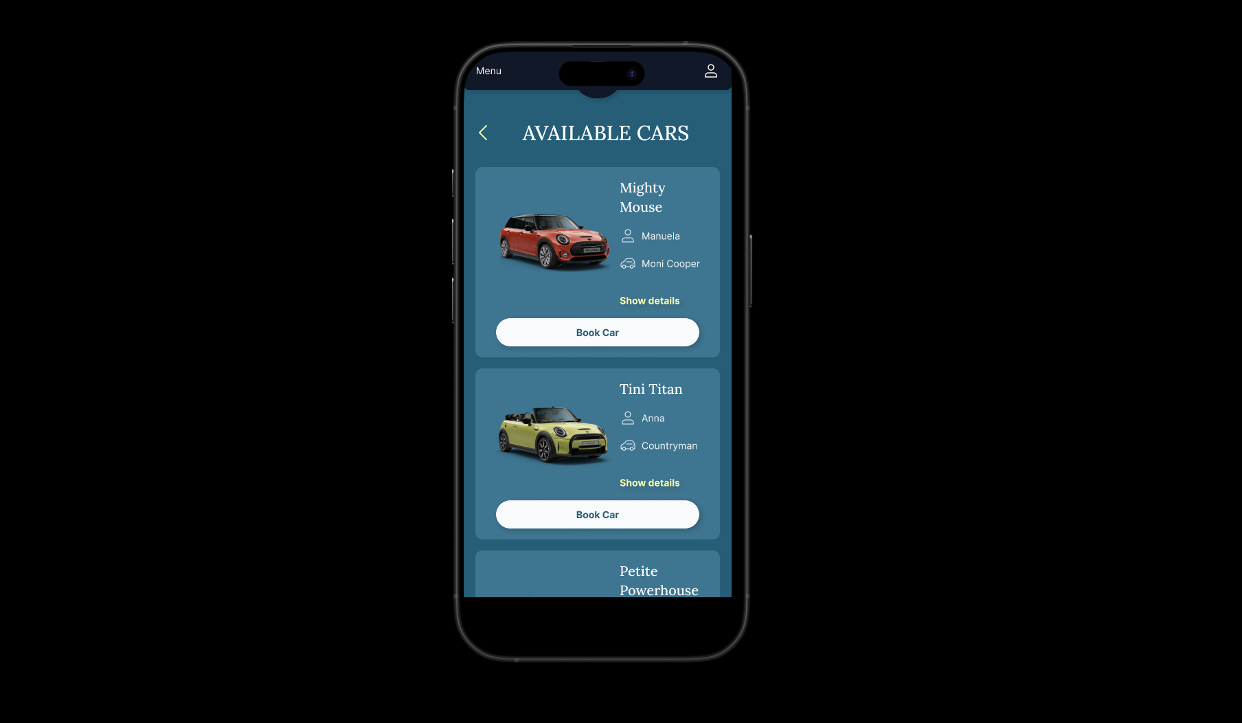 Available cars listing screen