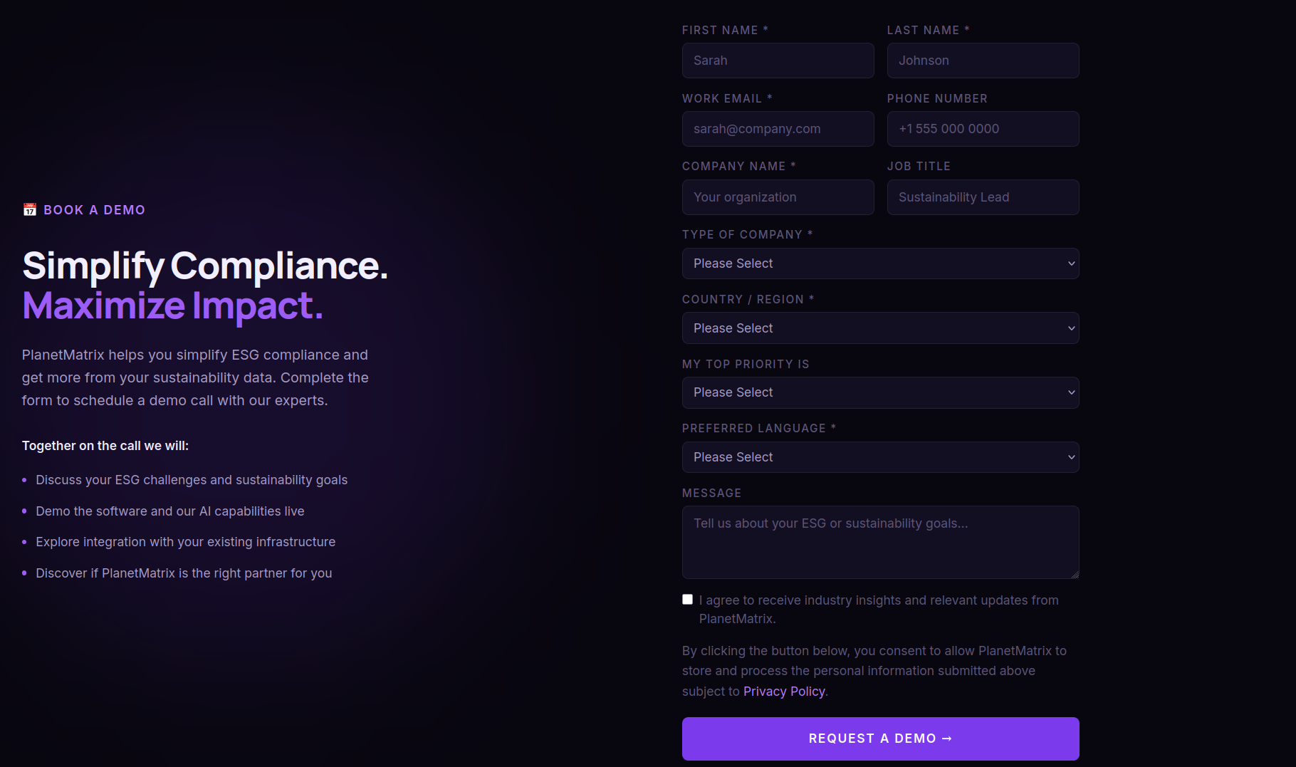 Book a Demo form wired to a transactional email backend