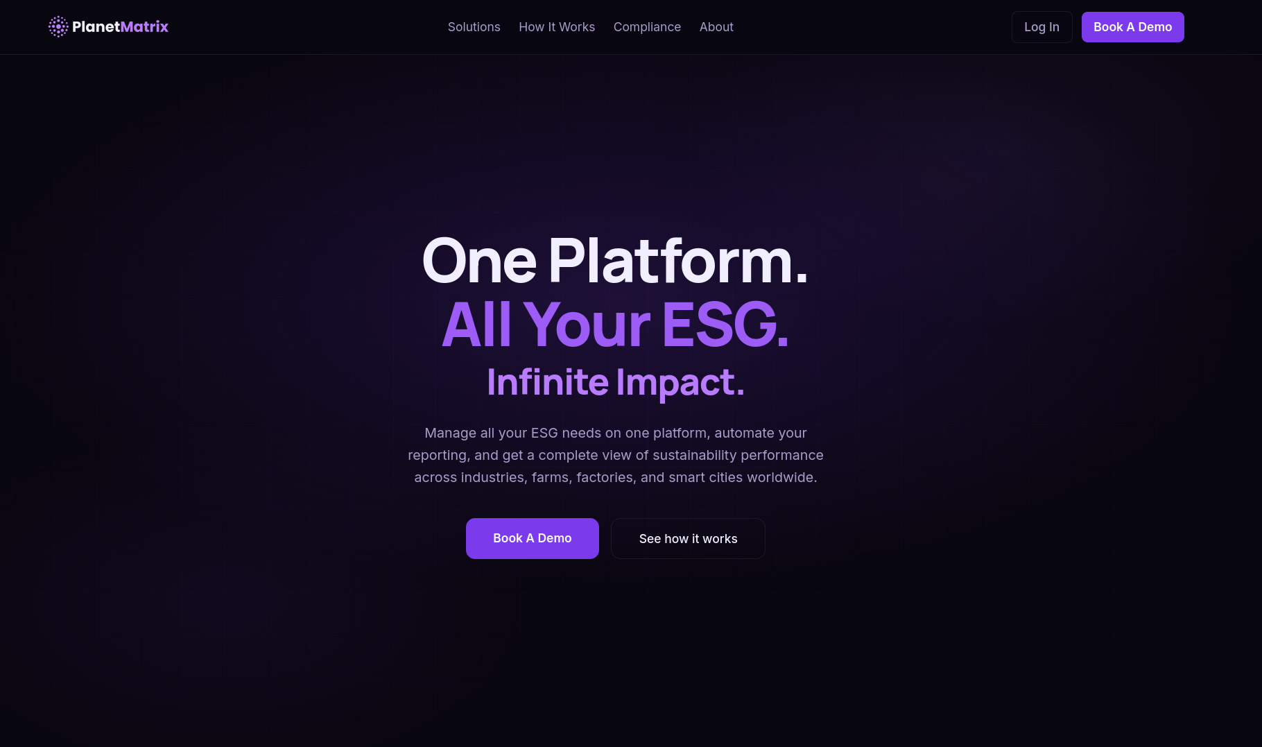 PlanetMatrix landing page hero: One Platform. All Your ESG. Infinite Impact.